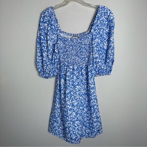 Tuckernuck Blue White Micro Floral Smocked Mini Dress-Puff Short Sleeves-Small